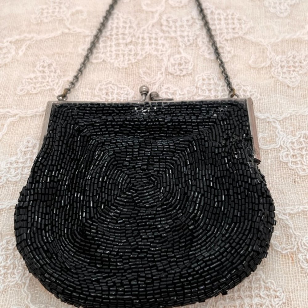 Black Bugle Beads Evening Bag Wristlet Gorgeous Vintage 60s